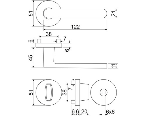 Technický nákres kľučky dverí s rozmermi
