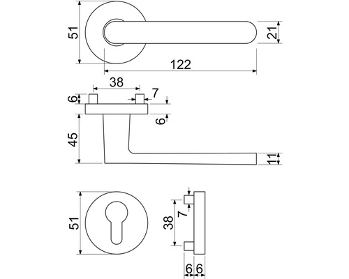 Technický výkres kľučky dverí s rozmermi.