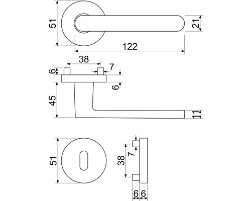 Technický nákres kľučky dverí s rozmermi
