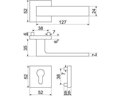 Technický nákres kľučky dverí s rozmermi