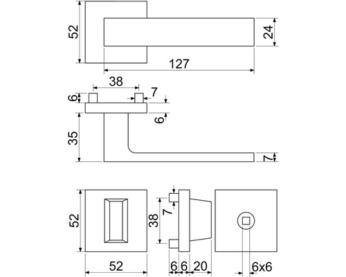 Technický nákres kľučky dverí s rozmermi