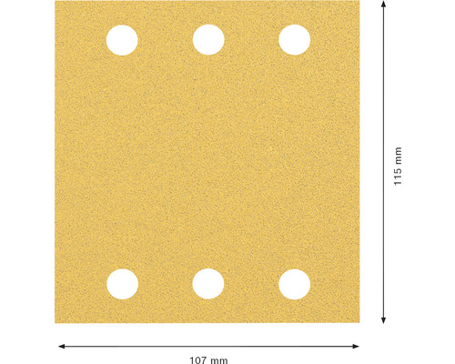 Brúsny papier so šiestimi otvormi s rozmermi 115 mm x 107 mm.