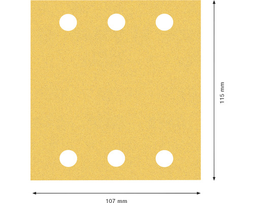 Brúsny papier so šiestimi otvormi s rozmermi 115 x 107 milimetrov.
