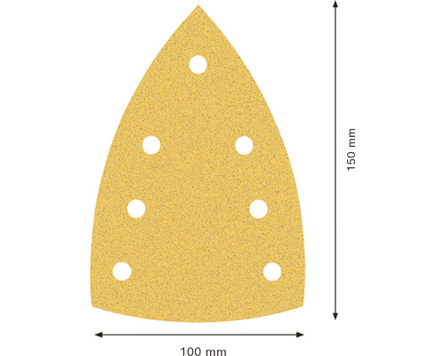 Trojuholníkový brúsny papier, dĺžka 150 mm, šírka 100 mm, s otvormi pre odsávanie prachu