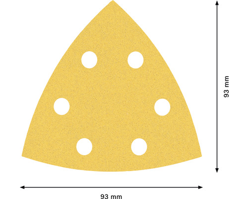 Trojuholníkový brúsny papier so šiestimi otvormi a rozmerom 93 mm.