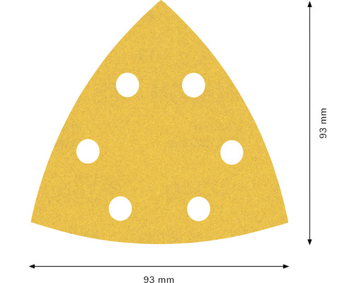 Trojuholníkový brúsny papier s rozmermi 93 mm a šiestimi otvormi