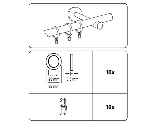 Sada záclonových tyčí s krúžkami a skladacími háčikmi, desať kusov