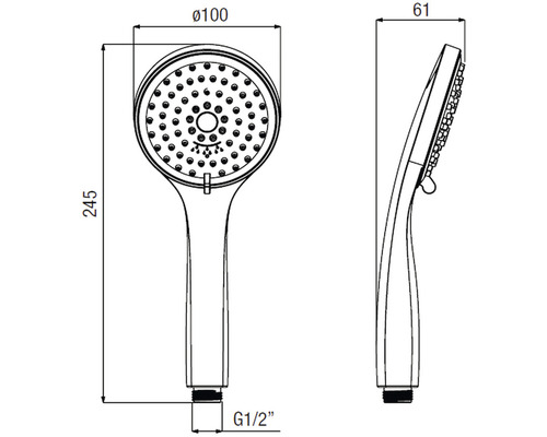 Technický nákres ručnej sprchovej hlavice s rozmermi