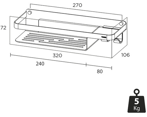 Technický nákres sprchovej police s rozmermi a hmotnosťou päť kilogramov.