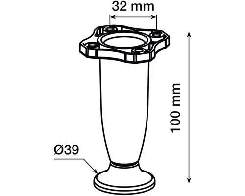 Technický výkres nohy nábytku s rozmermi 100 mm výška a 39 mm priemer