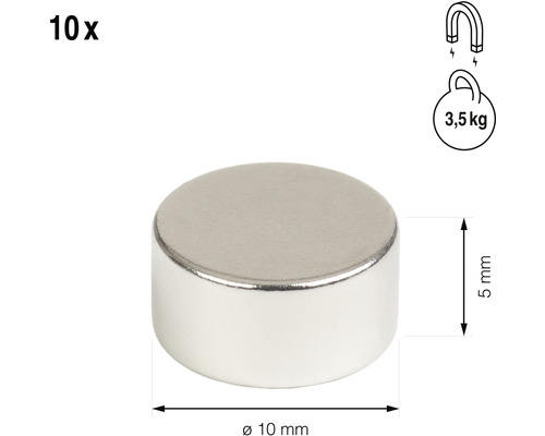 Desať diskových magnetov, každý s priemerom približne 10 mm a hrúbkou 5 mm, prídržná sila 3,5 kg