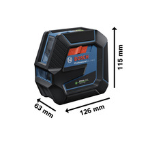 Logo Bosch. Rozmery čiarového lasera: výška 115 mm, šírka 63 mm a dĺžka 126 mm.