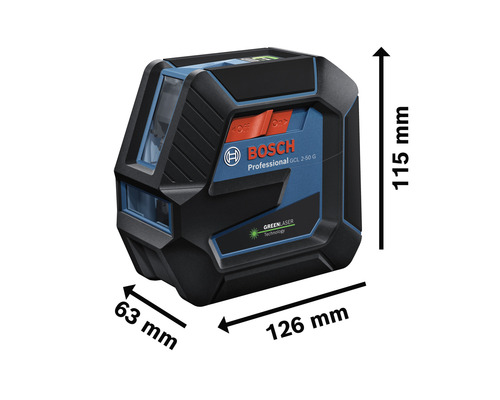 Logo Bosch. Rozmery čiarového lasera: výška 115 mm, šírka 63 mm a dĺžka 126 mm.