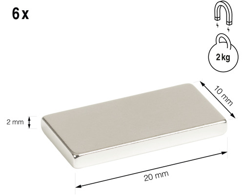 Šesť obdĺžnikových magnetov s prídržnou silou 2 kg a rozmermi 20 x 10 x 2 mm.