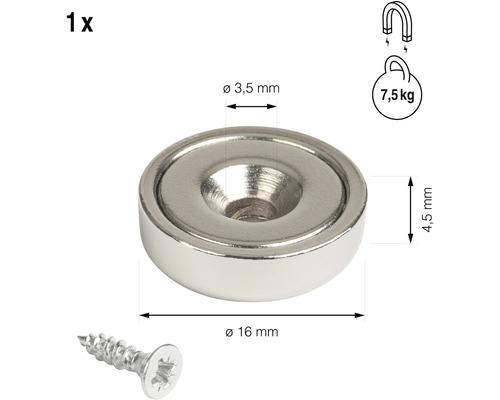 Kotúčový magnet so zápustným otvorom, priemer 16 mm