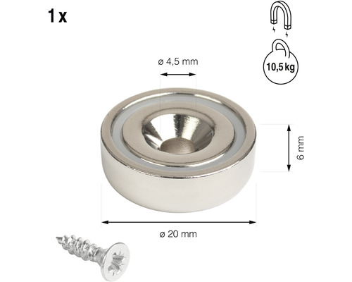 Kotúčový magnet so zapusteným otvorom, priemer 20 mm, vrátane skrutky