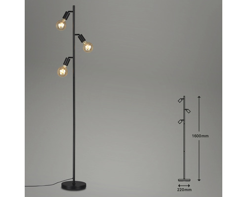 Čierna stojaca lampa s tromi svetlami a rozmermi