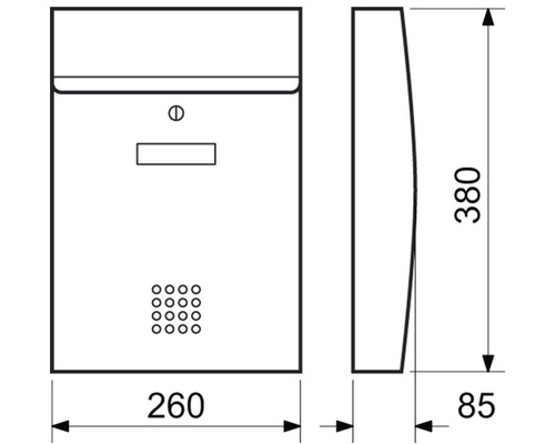 Technický nákres poštovej schránky s rozmermi