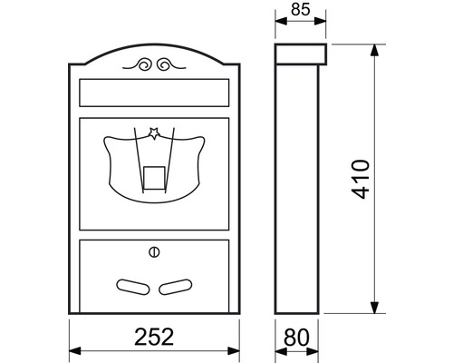 Technický nákres poštovej schránky s rozmermi