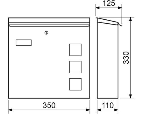 Technický nákres poštovej schránky s rozmermi
