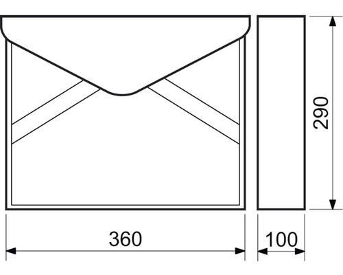 Technický nákres poštovej schránky s rozmermi 360 x 290 x 100 milimetrov