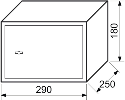 Ilustrácia trezoru s rozmermi 290 x 250 x 180 mm