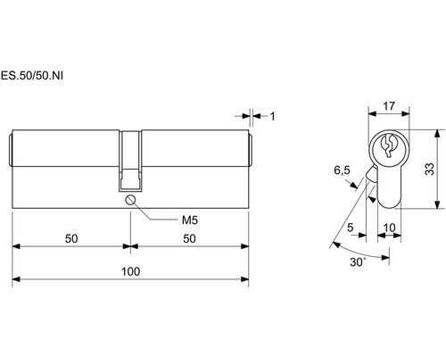 Technický nákres vložky zámku dverí s rozmermi