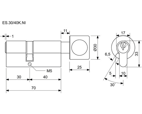 Technický nákres vložky zámku dverí s rozmermi