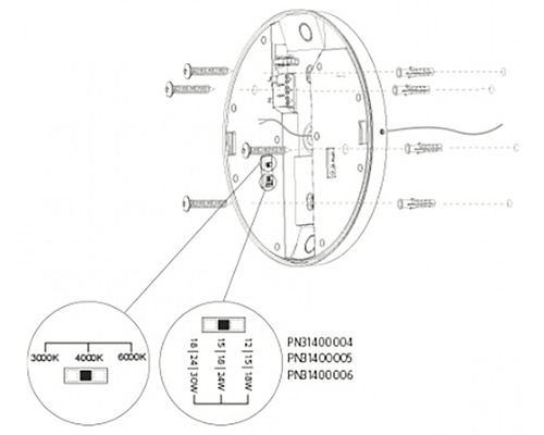Schéma svietidla s možnosťami nastavenia farby svetla a výkonu vo wattoch