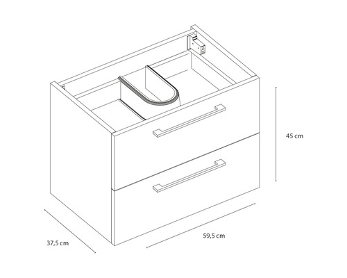 Nákres skrinky pod umývadlo s dvomi zásuvkami a rozmermi