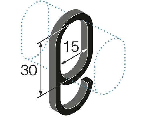Technický nákres kovového článku s rozmermi 30 krát 15.
