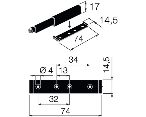 Technický nákres dverového otvárača s rozmermi