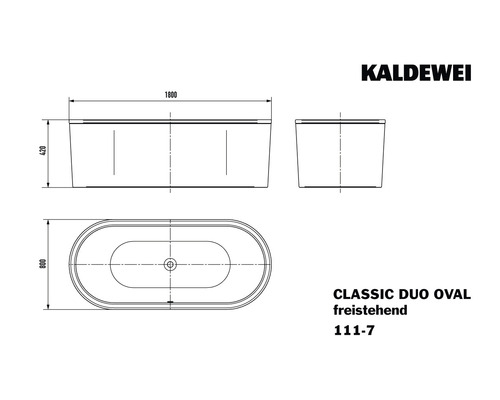 Kaldewei Classic Duo Oval voľne stojaca vaňa rozmerový nákres