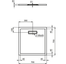 Technický nákres sprchovej vaničky s rozmermi 700 x 700 mm