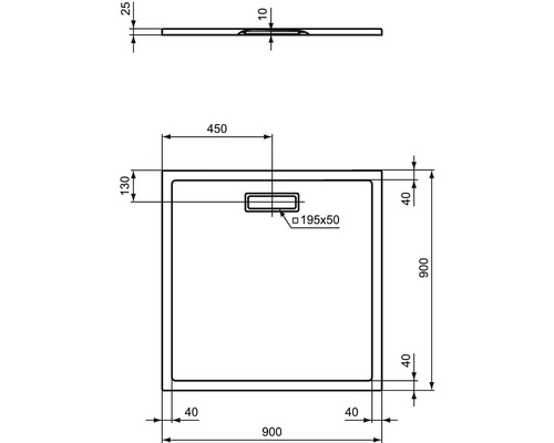 Technický nákres sprchovej vaničky s rozmermi.