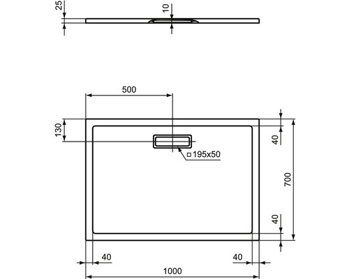 Technický výkres sprchovej vaničky s rozmermi