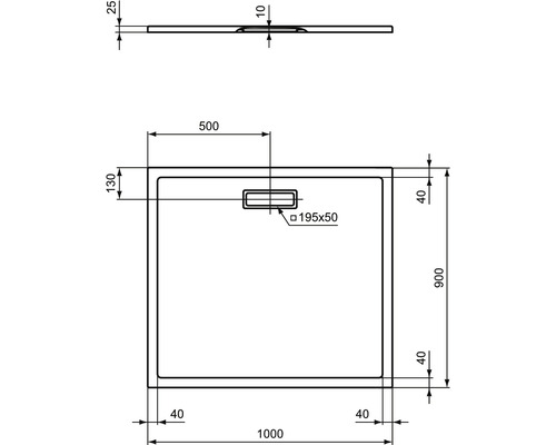 Technický nákres sprchovej vaničky s rozmermi