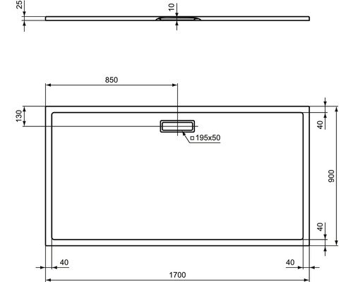 Technický nákres sprchovej vaničky s rozmermi