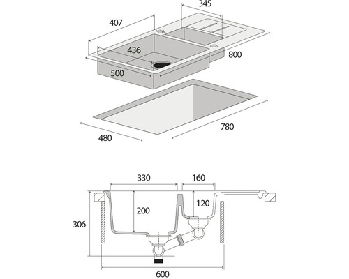 Technický nákres drezu s rozmermi.