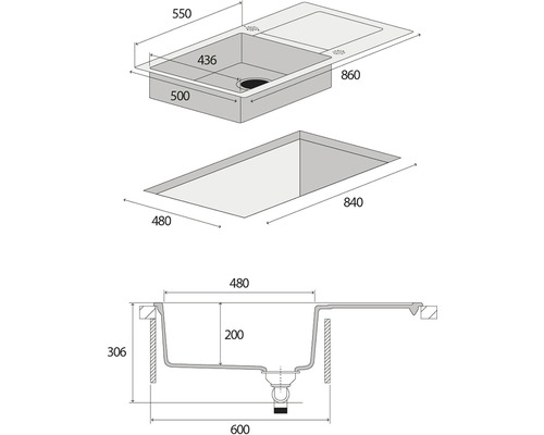 Nákres kuchynského drezu s rozmermi