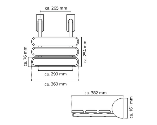 Rozmerový výkres držiaka na uteráky s tromi tyčami a nástenným upevnením