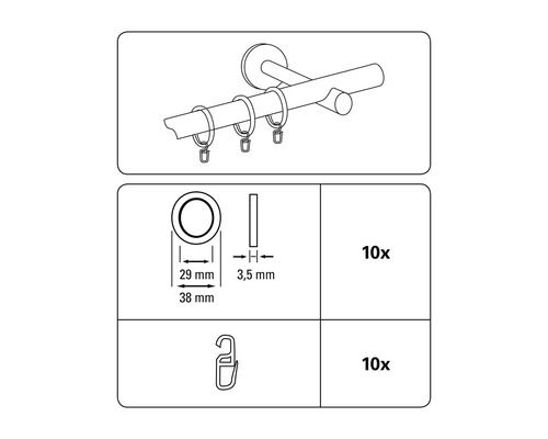 Technický nákres záclonovej tyče s krúžkami a háčikmi, 10 kusov