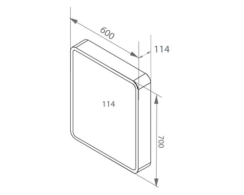 Technický výkres kúpeľňového zrkadla s rozmermi 600 x 700 x 114 mm