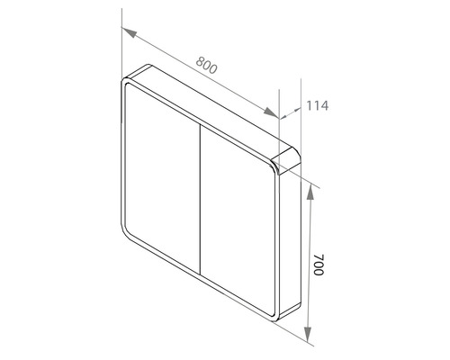 Technický nákres kúpeľňovej skrinky s rozmermi 800 x 700 x 114 milimetrov