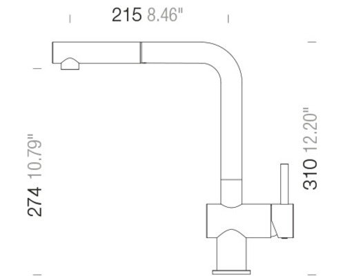 Technický nákres kuchynskej batérie s rozmermi