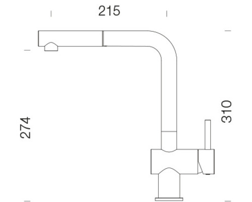 Nákres kuchynskej batérie s rozmermi: výtok 215 mm, výška 274 mm, celková výška 310 mm.