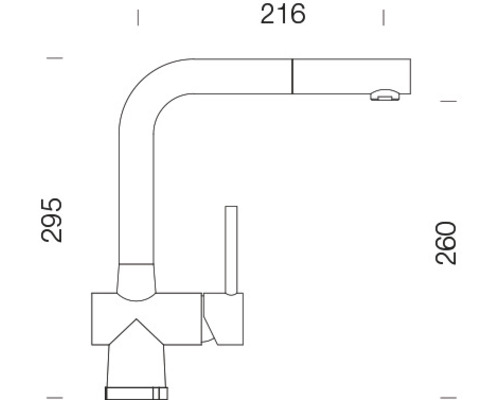 Technický výkres kuchynskej batérie s rozmermi 216, 295 a 260