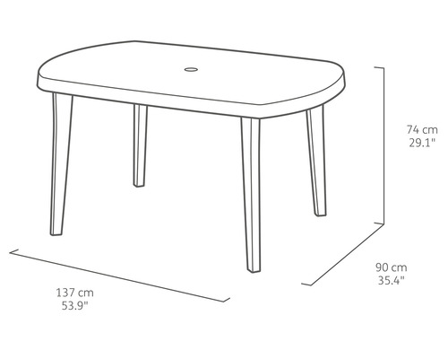 Rozmery záhradného stola: dĺžka 137 centimetrov, šírka 90 centimetrov a výška 74 centimetrov