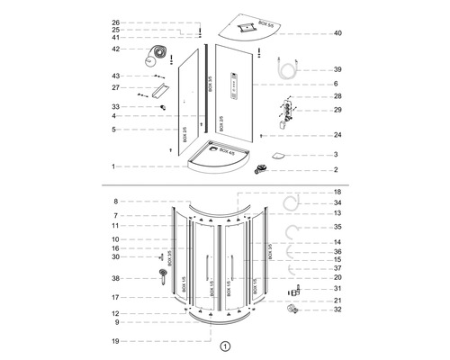 Rozkreslený nákres sprchovacieho kúta so všetkými dielmi