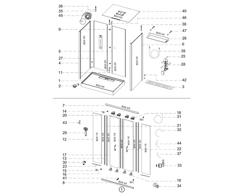 Rozkreslený nákres sprchy s jednotlivými dielmi a číslami, uvedený pre montáž.